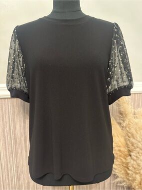 CeCe Black Floral Sheer Puff Sleeve Blouse Top Size Medium